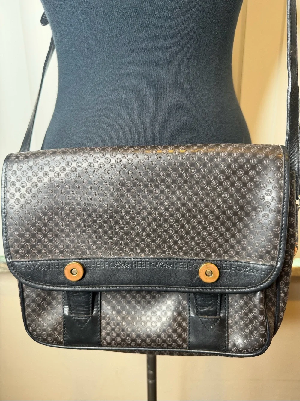Vintage Hebe Leather Monogram Black Patterned Crossbody Messenger Bag